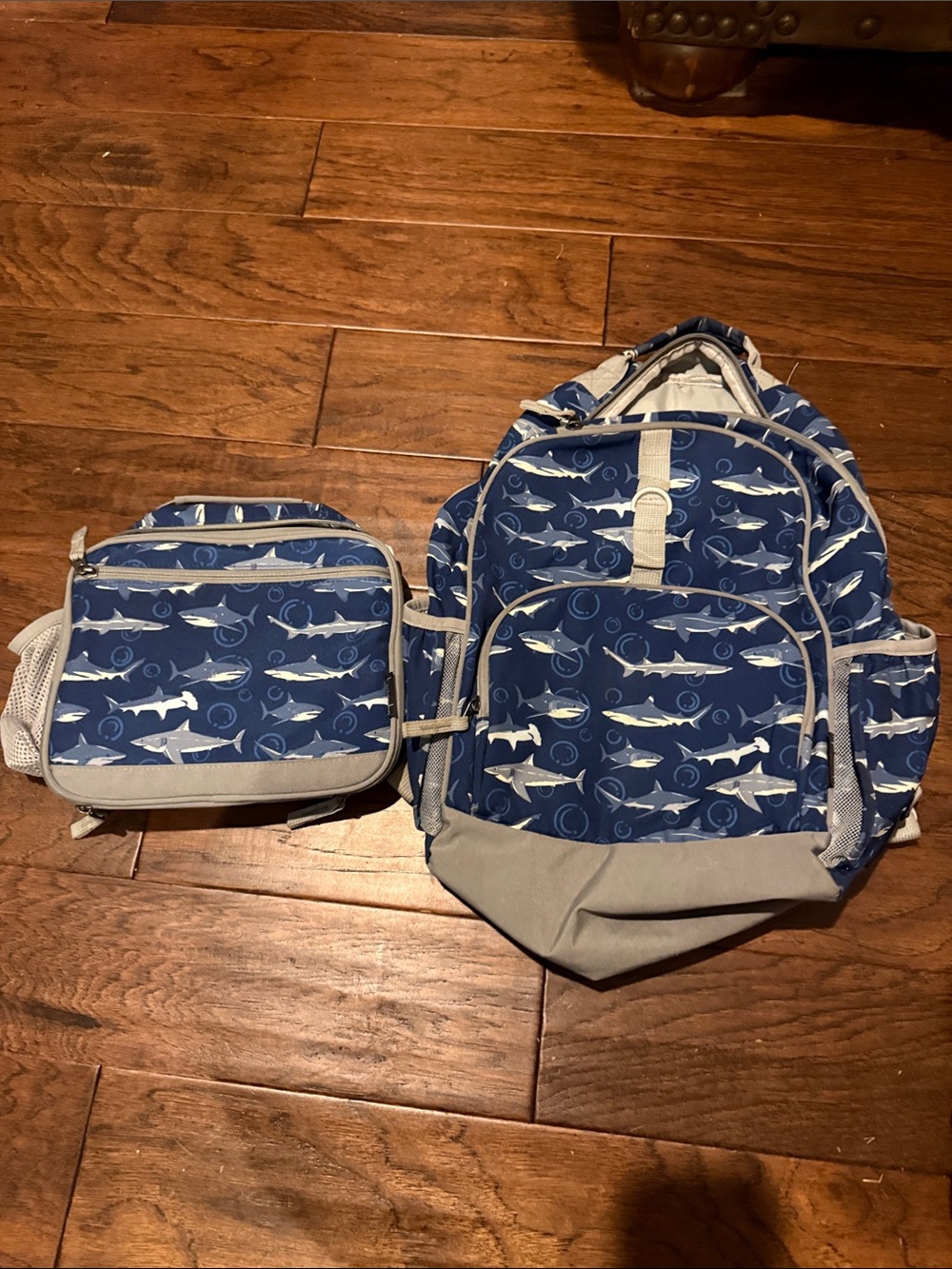 Navy Shark Print Backpack and Lunchbox Set